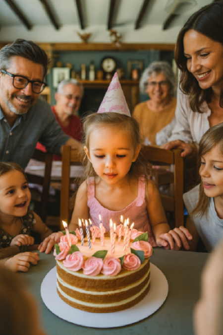 Family celebrating a child’s birthday with cake and candles at a Houston party.