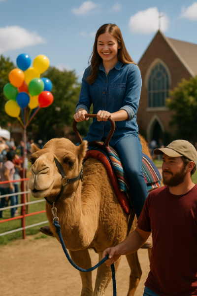 Smiling guest enjoying a camel ride at a Houston festival event.