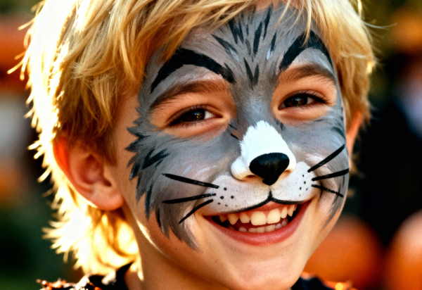 Smiling child with detailed cat face paint at a Houston birthday party.