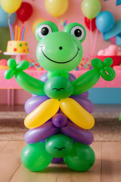 Colorful frog balloon sculpture created by a balloon artist at a Houston kids’ birthday party.