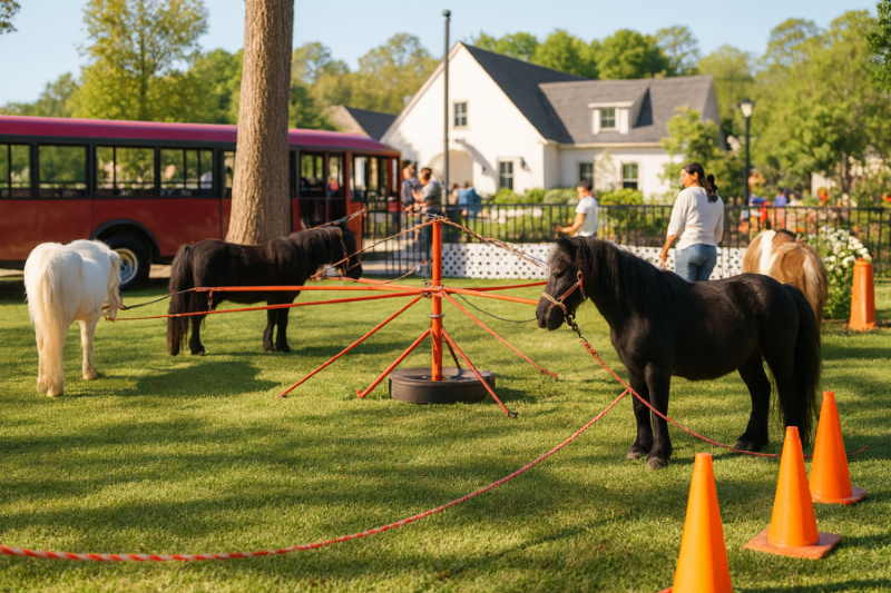 Ponies set up in a carousel ride for children at a Houston outdoor event.