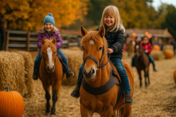 Smiling children enjoying pony rides at a Houston family party.