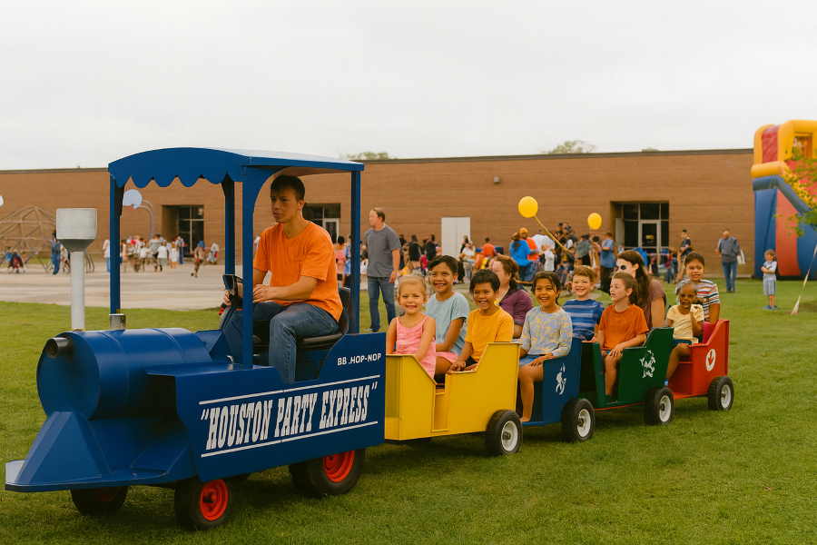 Children riding a colorful trackless train at a Houston birthday party.