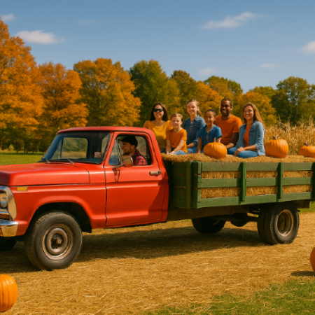 Families and children enjoying a festive truck-pulled hay ride with balloons and hay bales at a Houston outdoor event.
